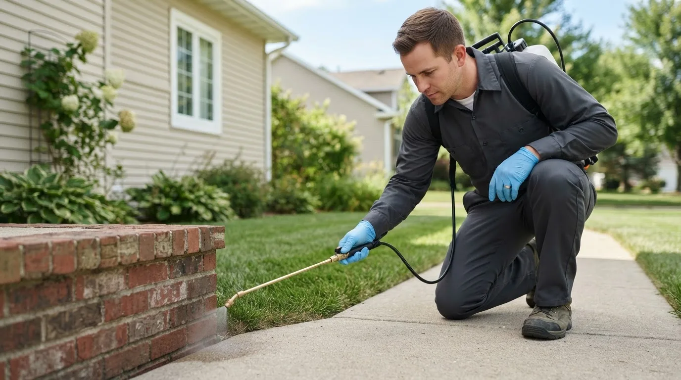 Pest control technician treating a home near Braddock, PA